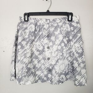 SO Large Grey White Floral Print Mini Skirt Faux Button Up Lined Pattern